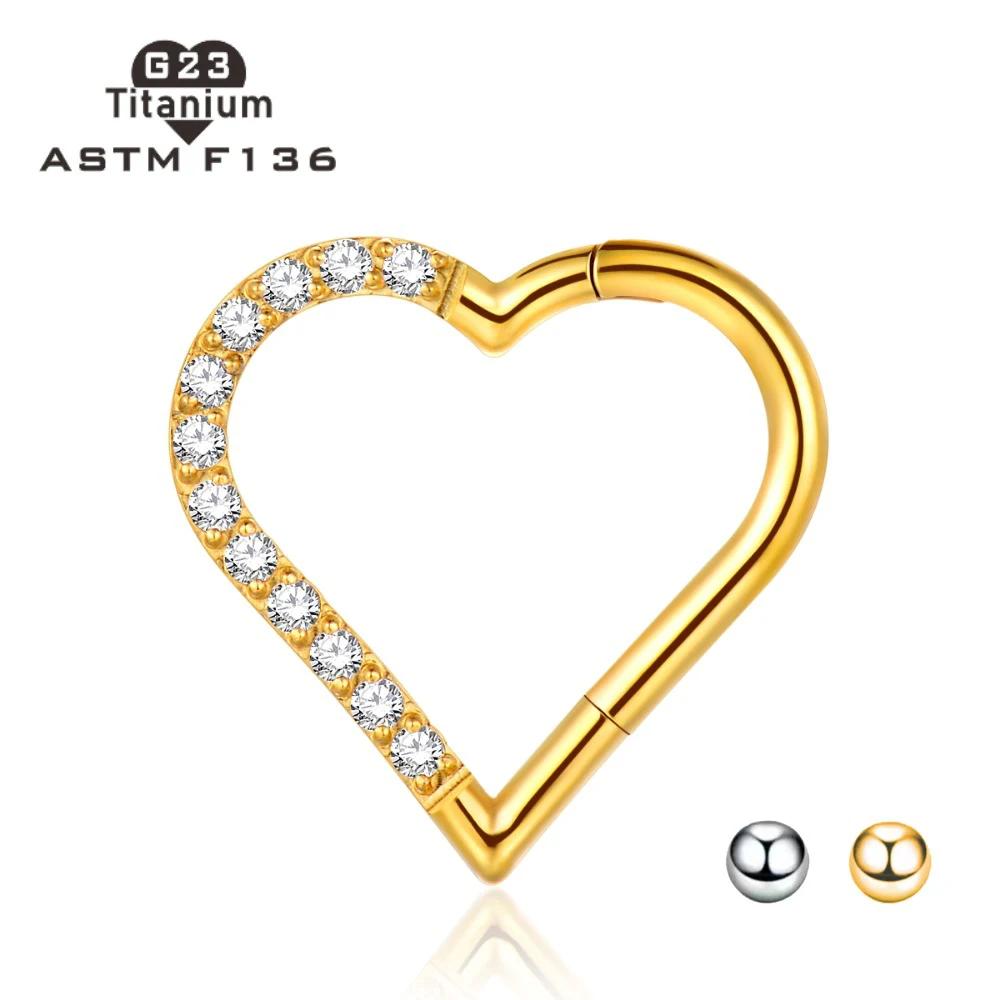 Оптовая продажа G23 ASTMF136 титановое кольцо для пирсинга 1 2 мм 16 г в форме сердца фианита носа губ ушей кликера перегородки ювелирные изделия тела