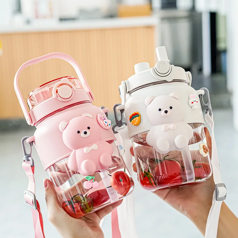Kawaii bear 32oz big capacity drinking gourde enfant cup leakproof bpa free children school plastic water bottles with straw