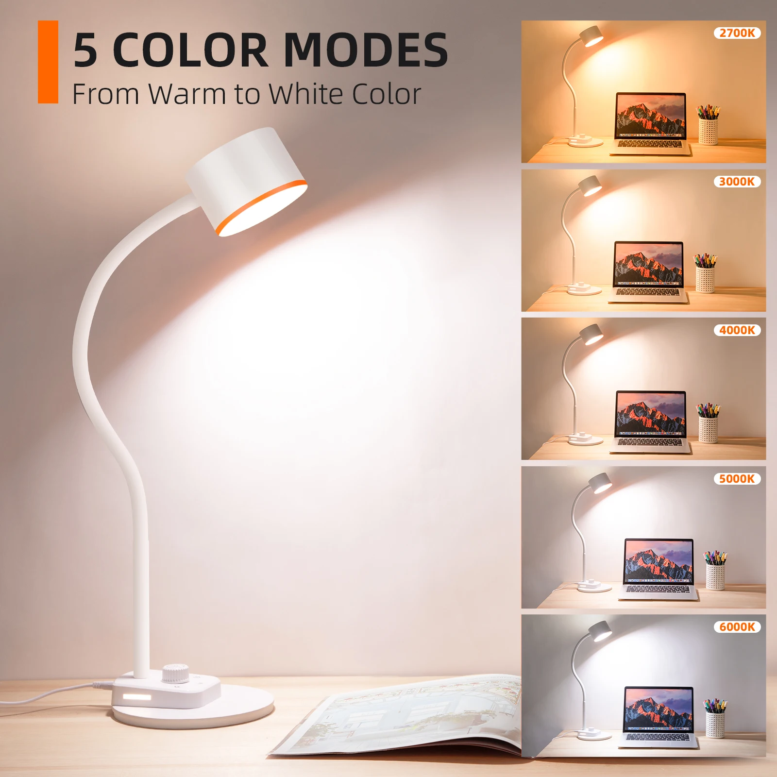 Modern LED Desk Lamp USB Charging Port Intelligent Auto Dimming Task Lamp Flexible Gooseneck Black Shade Bedside Office AC DC