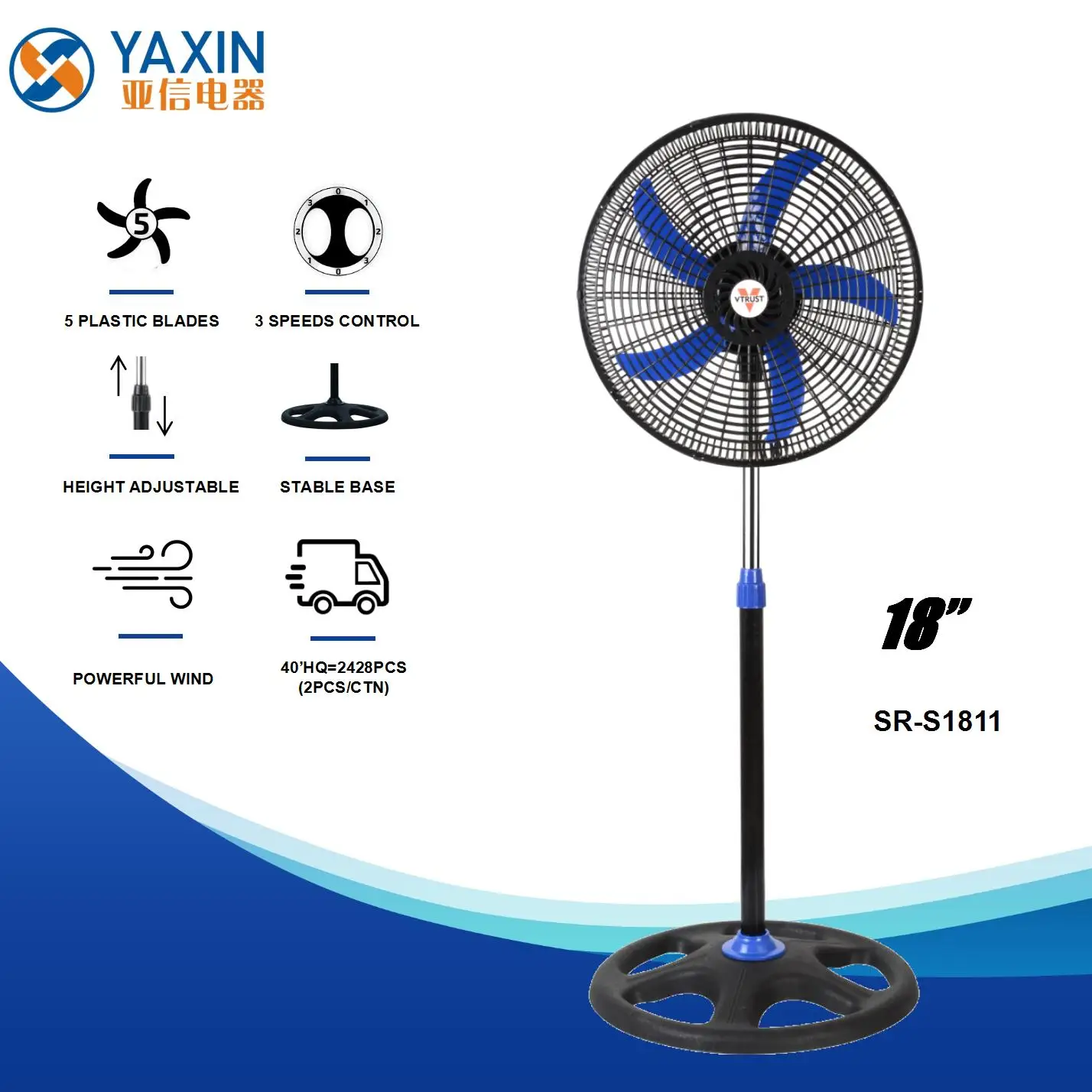 Stand Fan 18 Inch Plastic Pedestal 75W 110V Stand Fan Motor Electric Fan