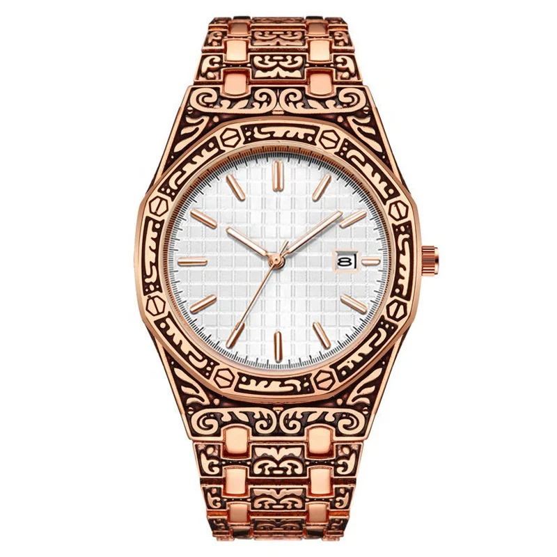 Hot Selling Classic Vintage Gold  Date Quartz Men Wristwatches Luminous Engrave Creative Watches Men Wrist