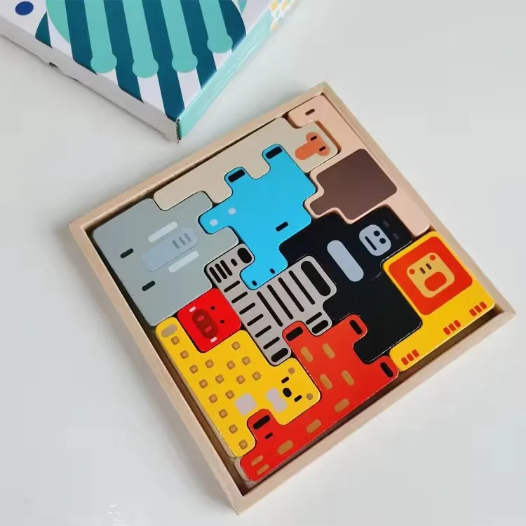 Square Geometric Tangram Pattern Animal Shape 3D Puzzles Brain Teaser Wood Block