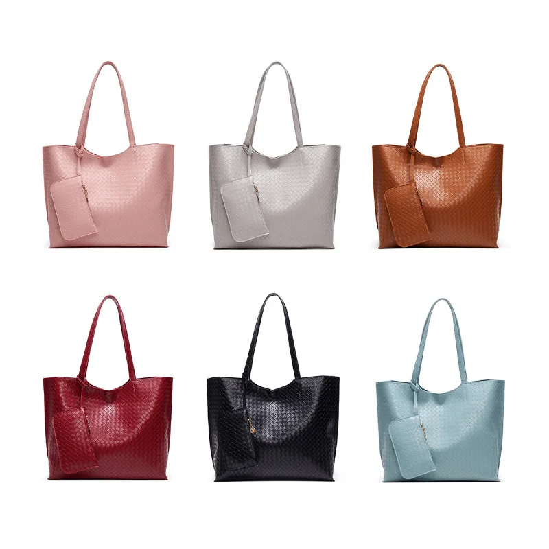 
New Model PU Leather Woven Pattern Designers Ladies Tote Bags Handbags with Mini Purse Pouch 