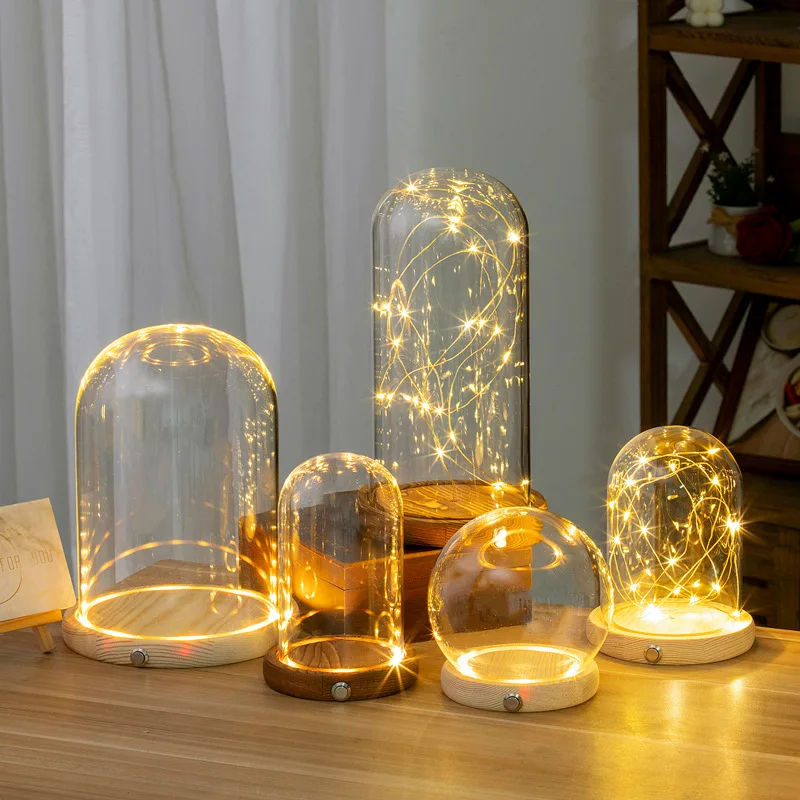 Christmas DIY Clear Glass Dome Keepsake Globe Display Case with Light Wood Base Decorative Snow Globe Kit Plant Terrarium Decor