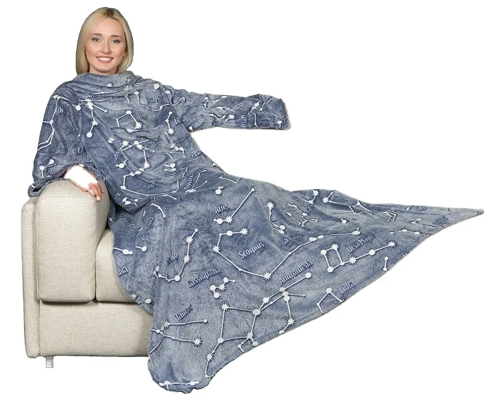 100% POLYESTER HIGH QUALITY COZY WEARABLE FLEECE TV BLANKET WITH SLEEVES GLOW IN THE DARK KANGAROO CONSTELLATIONS WHOLESALE