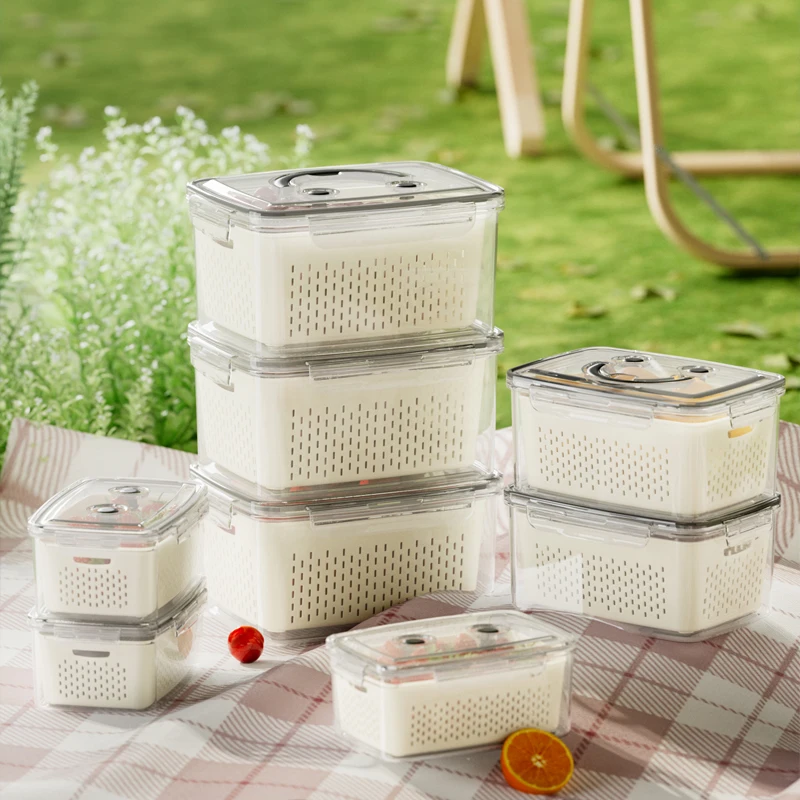 Vegetable Fruit Fresh Produce Fridge Refrigerator Fresh-keeping Storage Box Containers With Grid Strainer Drain Basket Crisper