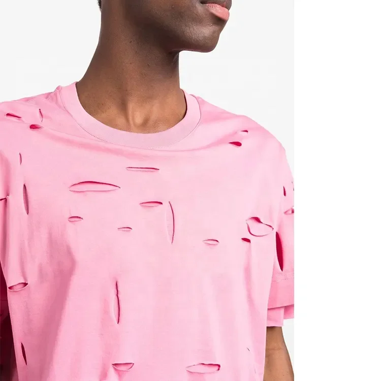 Streetwear Cutout Mens Tshirts Layered Distressed Logo Print Cotton Jersey Oversized T-Shirt