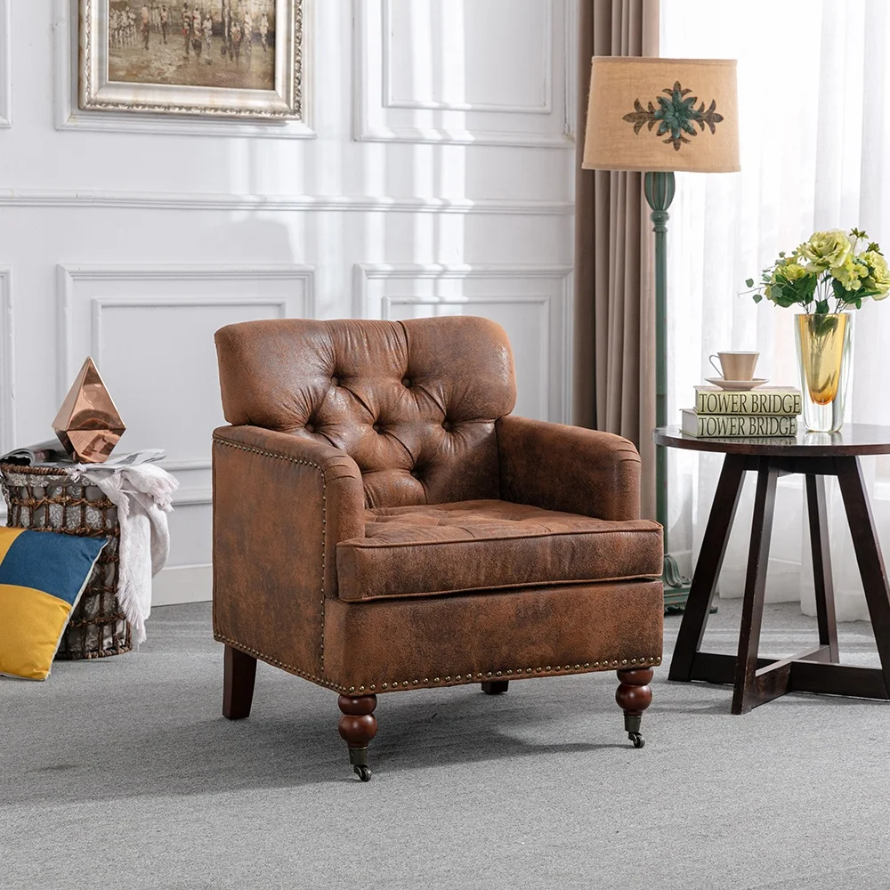 Amazon Mid-century Wooden Frame Microfiber Tufted Upholstered Wood Legs wheels Accent Chair For Living Room