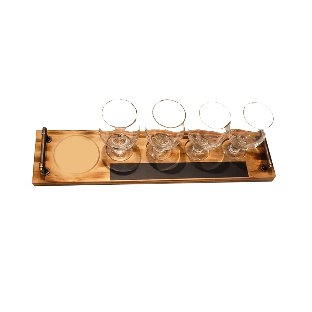New Design Wine Whiskey Tequila Flight Board Wooden Tasting Beer Flight Tray Wood Shot Serving Tray With Handle