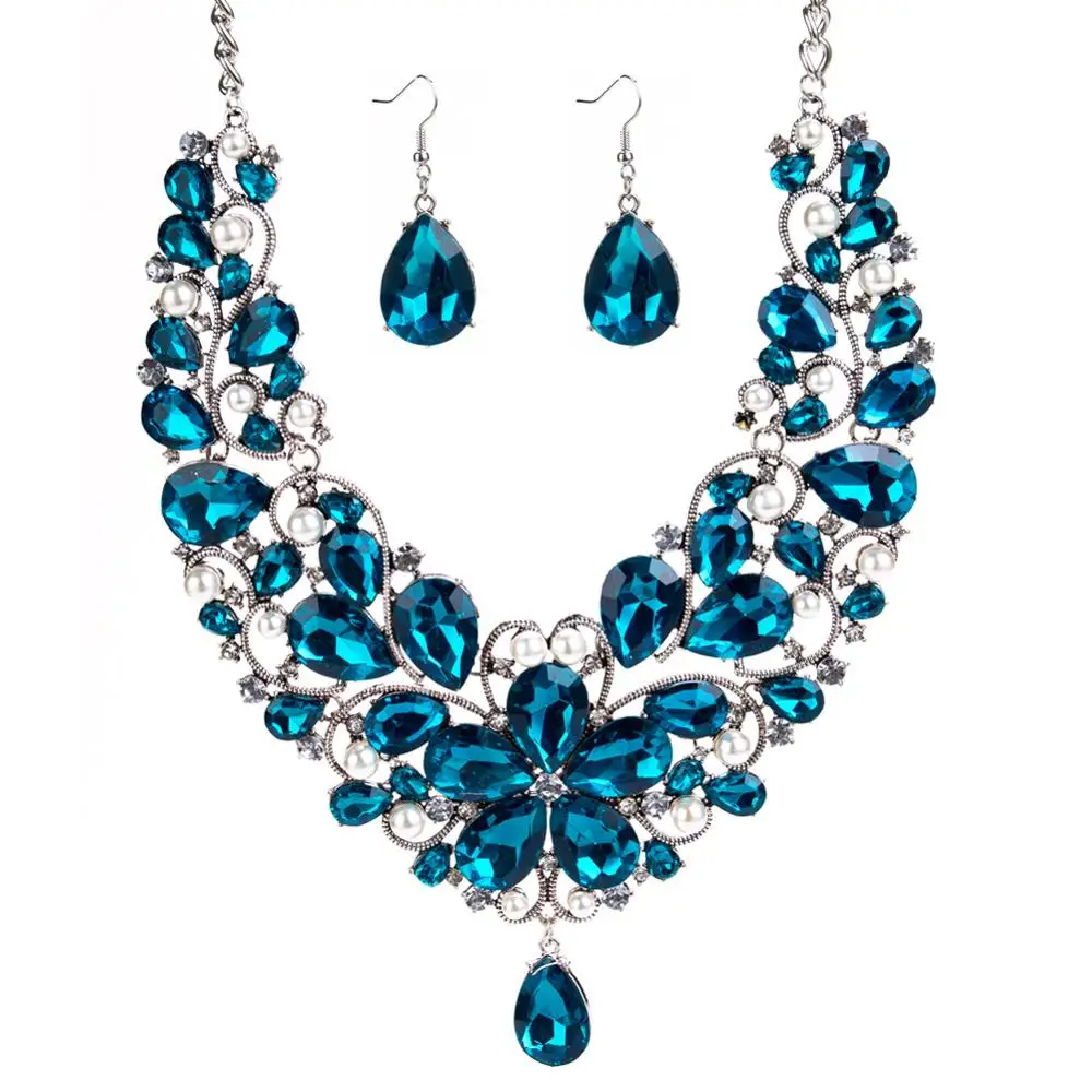 Exaggerated Big Glass Drill Drop Type Bridal Necklace Jewelry Set