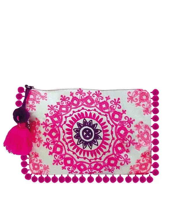 Customize Best Hand Embroidered With All Around Pom Pom Lace Hamsa Beach Hand Work Embellished Clutch Bags
