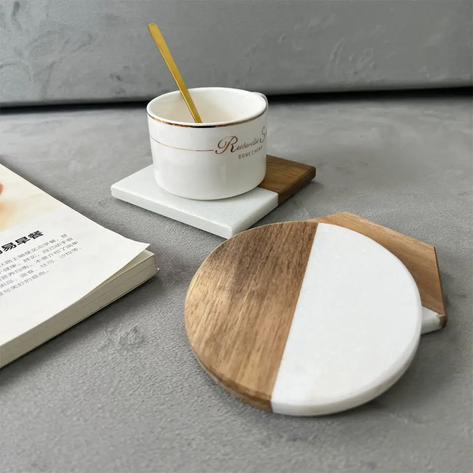 Wholesale China Factory Direct Sale White Marble square coaster with wood for tableware