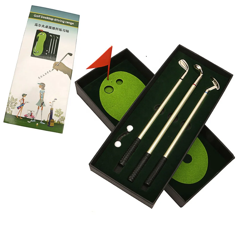 Wholesale custom mini desktop golf pen gift set with putting green flag and 3 colour metal golf club neutral pens