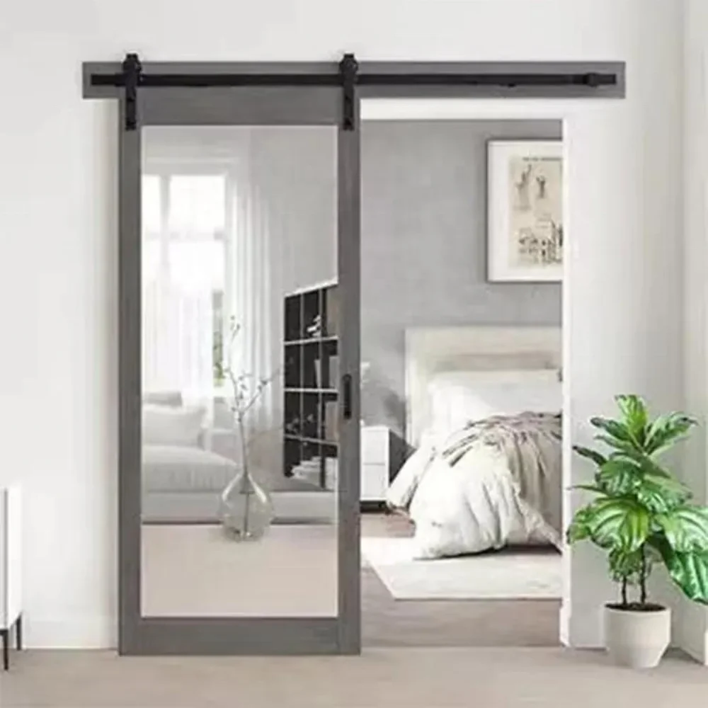 Elegant Mirror Wood Door Grey Painted Interior Bedroom Sliding Mirrored Barn Door With Hardware