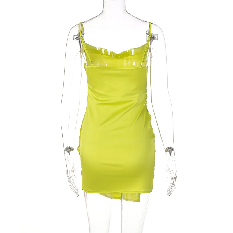 Lagerfe Neon Satin Thin Strap Wrap Mini Dress Women Sleeveless Sexy Party Club Apparel 2021 Summer Casual New Fashion Clothes