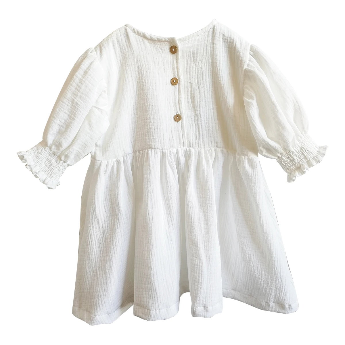 New Design Crepe Organic Cotton Summer Ruffle Shoulder Striped Button-Front Dress Baby Girl Dresses