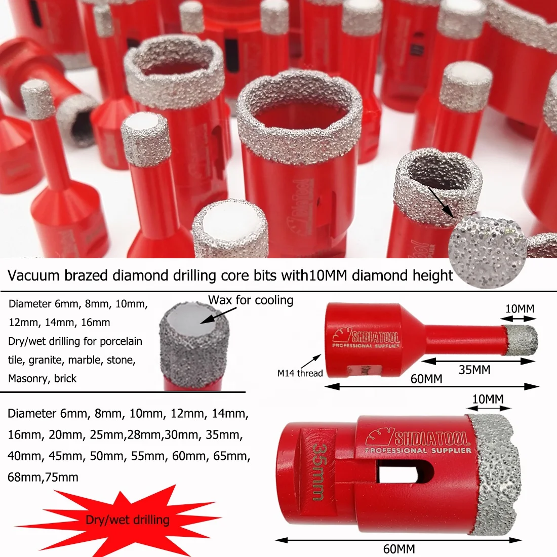 Vacuum Brazed Diamond Core Drill Bits Diameter 6-125mm For Stone Granite Marble And Porcelain Ceramic Tile