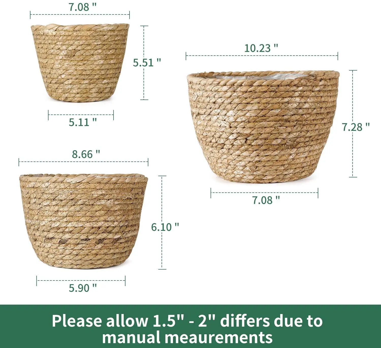 
Factory Amazon Hot Sale 3 Pcs Handmade Woven flower Planter Straw Basket with Waterproof Plastic Liner 