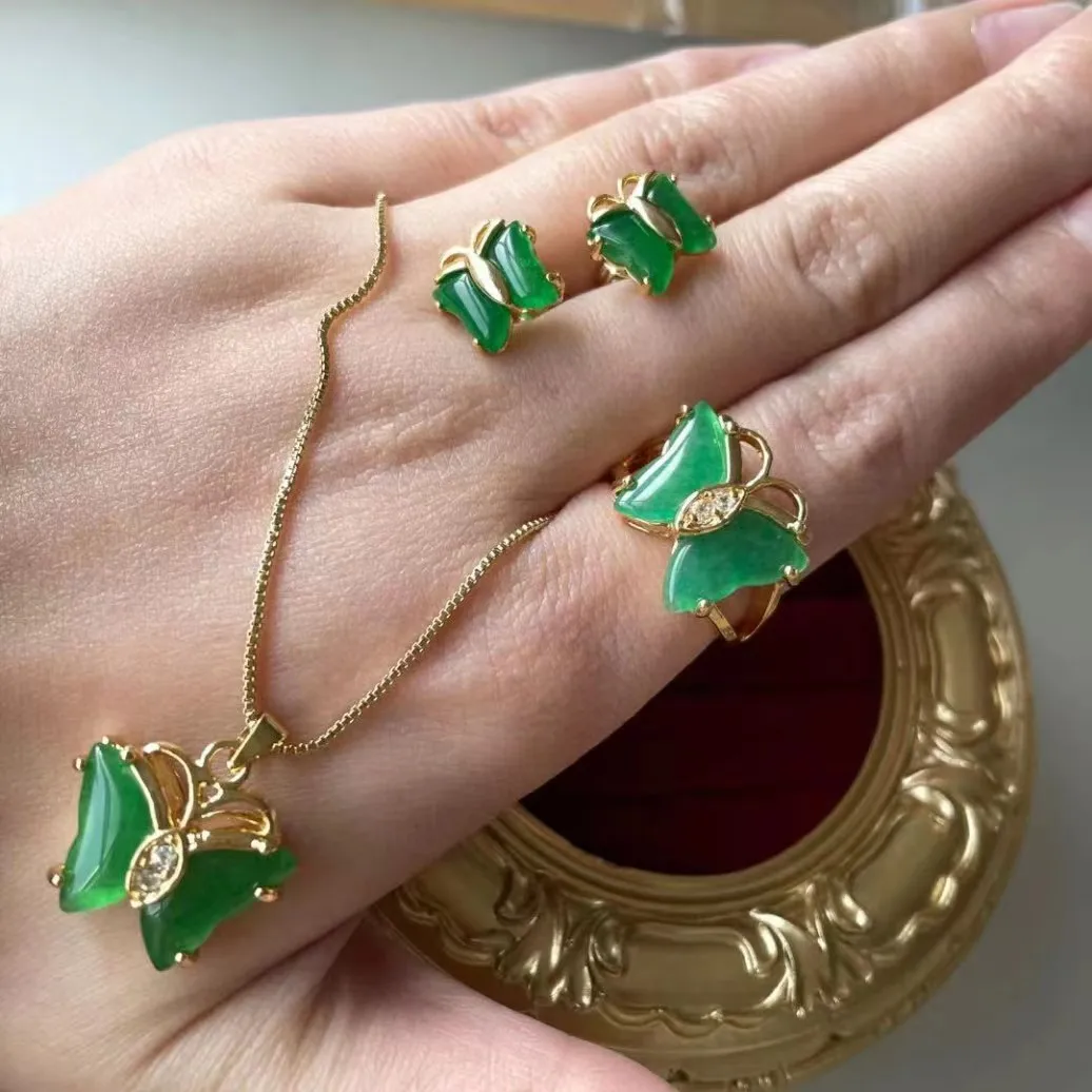 jialin jade jewelry set Wholesale women Charms series Natural Jade Stone butterfly ring butterfly necklace earrings