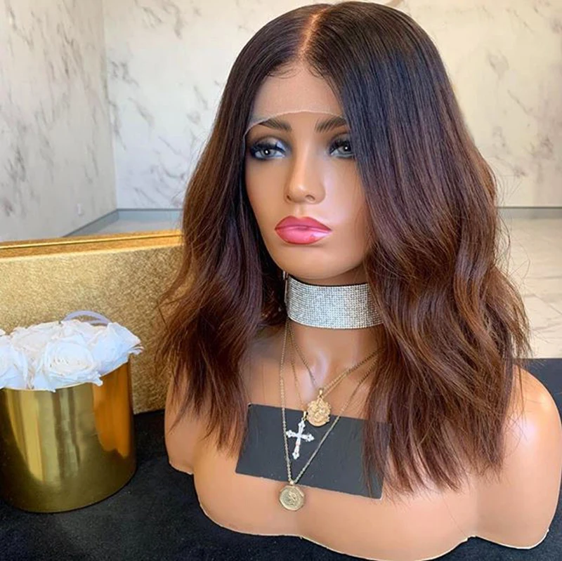 
Ombre Brown Lace Front Wigs Human Hair Pre Plucked Brazilian Virgin Hair Wavy Wigs for Woman 