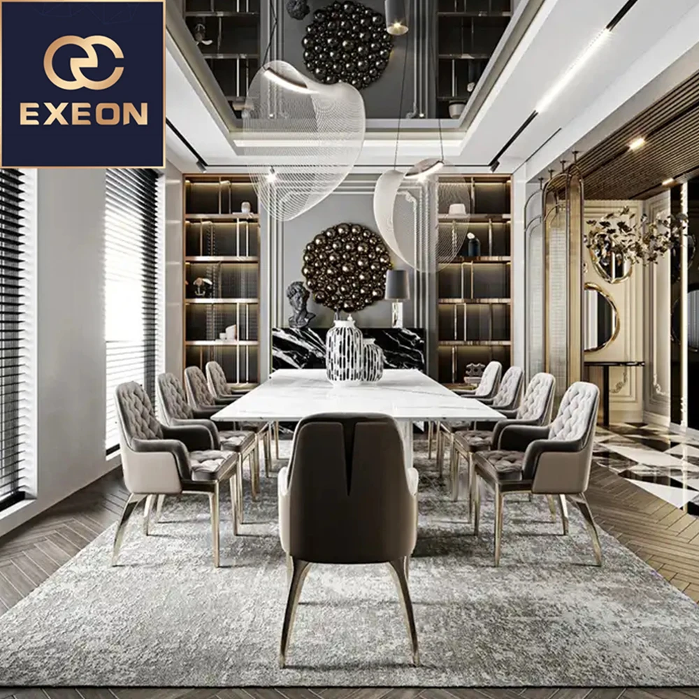 Luxury 10 Chairs Modern Marble Dining Table Set chairs for dining table Stainless Steel Stand Wedding Dinning Tables Sets
