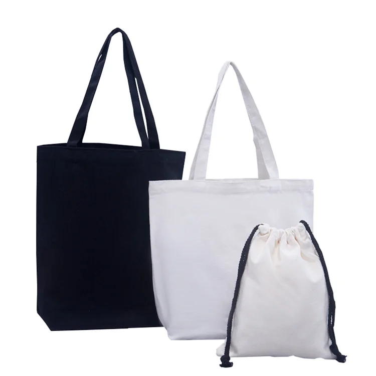 Wholesale Large Natural Recycled Long Handle Drawstring Gift Shopping Tote Canvas Calico Fabric Cotton Bag