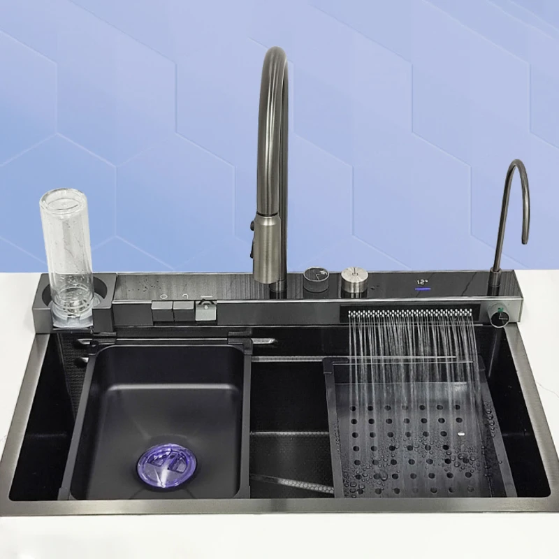 Kitchen Sink Single Bowl Handmade Sink Anti-Scratch Waterfall Faucet with Cup Washer and Digital Display