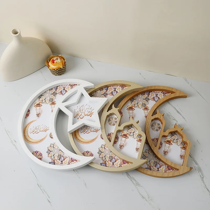 CIVI Ramadan Decoration Kareem Middle East Wooden Golden White Moon Star Shaped Table Decor Muslim Eid Mubarak Ramadan Tray