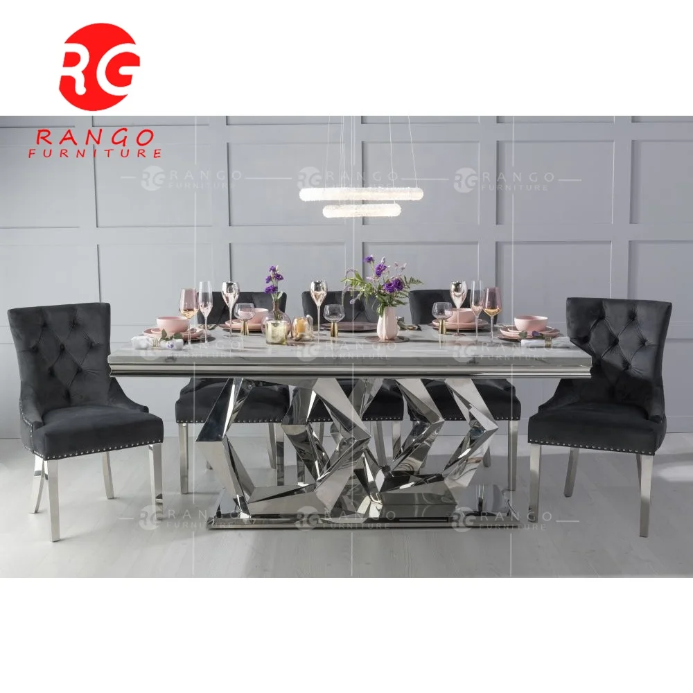Tempered glass top dining tables 8 Seater Dining Table with white leather chairs for dining room furniture