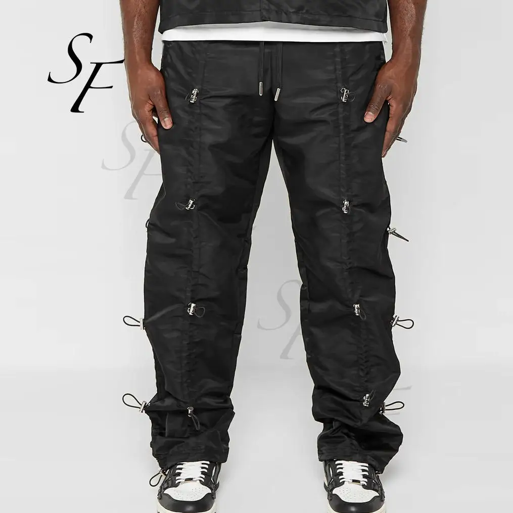 Custom casual black stacked technical elastic streetwear hip hop polyester bungee cord cargo pants men