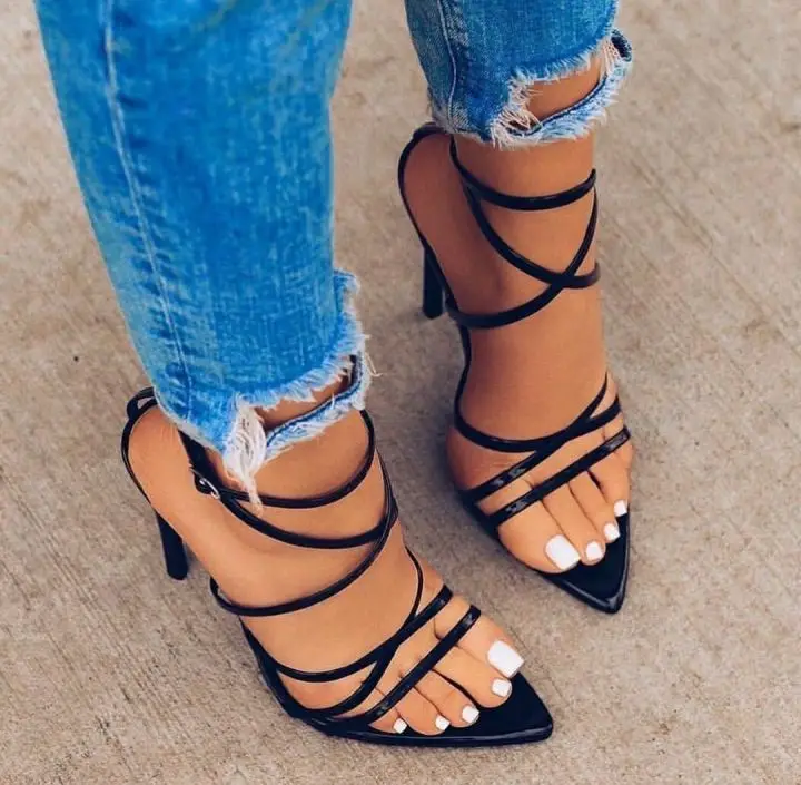 
Fashion Pointed-Toe Heels Thin Belt Shoes Women Solid Cross Strap Sandals High Heel 