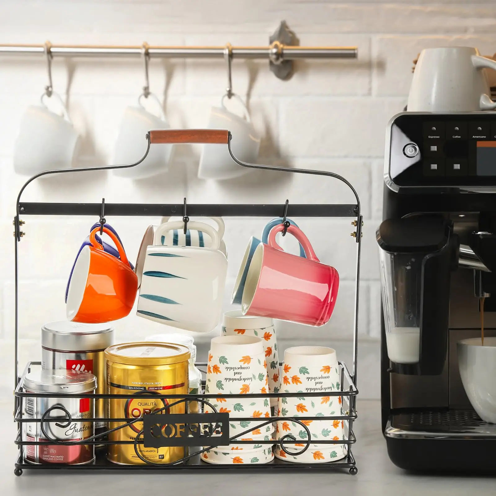 Coffee Mug Holder with Removable Hooks, 6 Coffee Cup Organizer for Countertop, Metal Coffee Pod Storage Spice Rack Stand