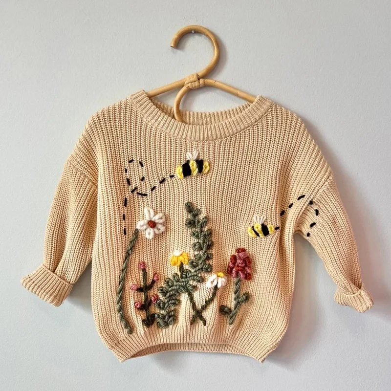 Factory hand embroidered sweaters for Babies and Toddlers custom alphabet knit sweaters for girls and boys