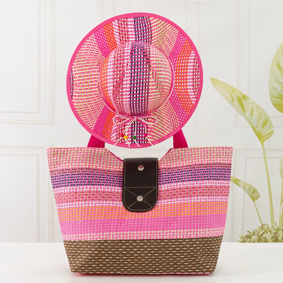 Ready To Ship Beach Straw Hat And Bag Suit Women One Shoulder Canvas Bag Hat Set