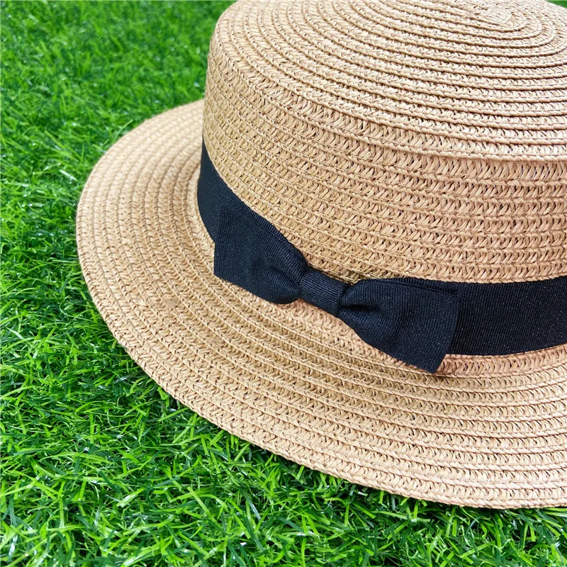 
Women Summer Boater Beach Hat Flat Brim Bowknot Straw Panama Sun Hat Paper 