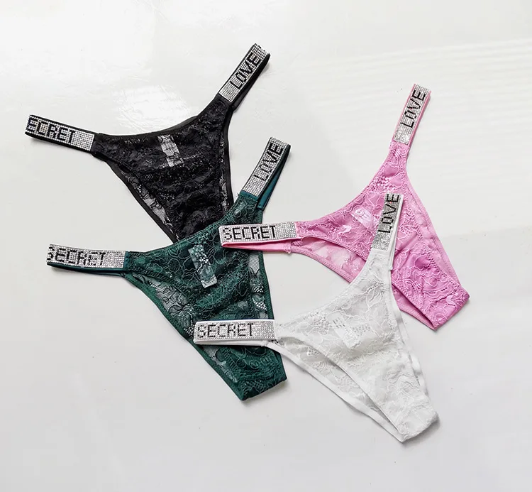 Wholesale Shiny Rhinestone Wish Lace T-Shaped Thong Ultra-thin Super Sexy Transparent Women Underwear