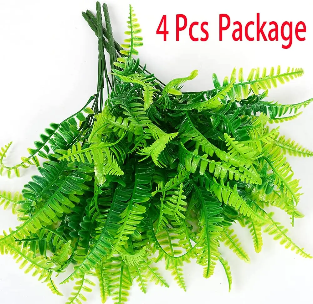 4pcs Green Artificial Ferns Plant Artificial faux Boston Fern Plastic Plants Bushes for Outdoor indoor decor UV Resistant