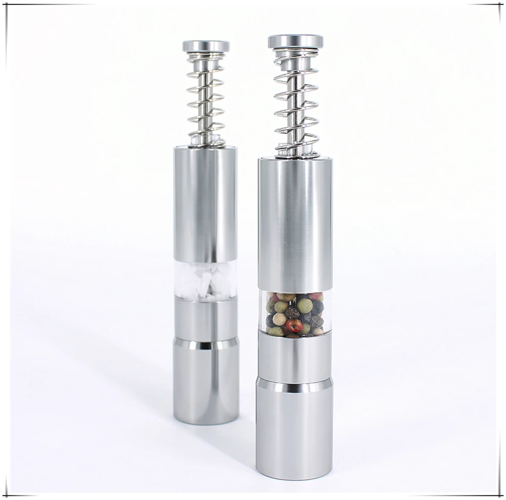 mini portable  aluminium thumb pump manual salt and pepper mill set