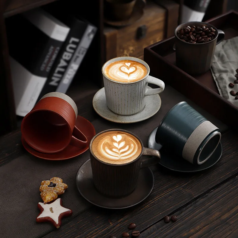 Multiple Colors Ceramic Coffee Mug with Saucer Set 200ml Stoneware Tea Cup With/Without Handle For Beverage