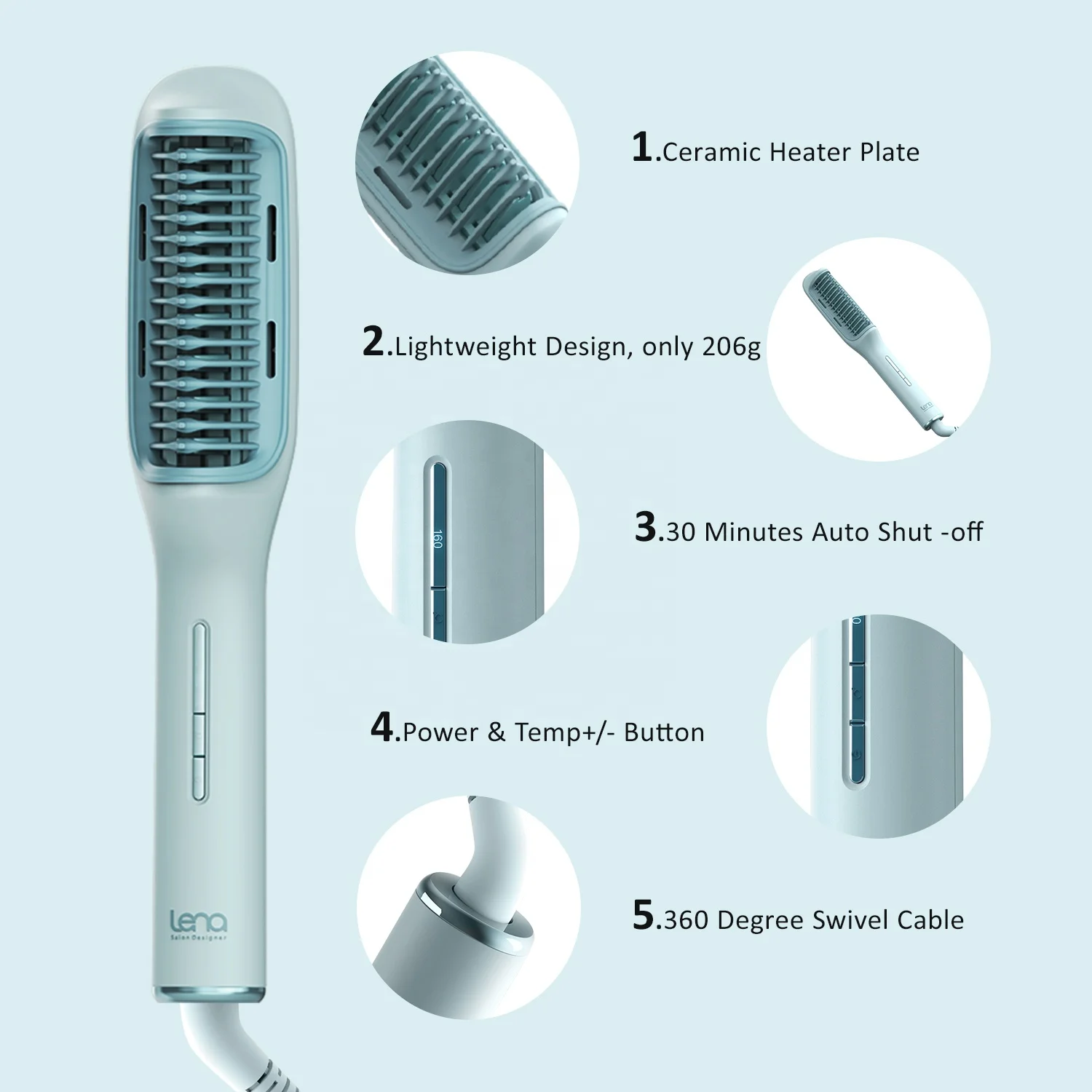 Lena Innovative Design Professional Flat Iron Comb Portable Ceramic Ionic Electric Hot Comb Hair Straightener Brush