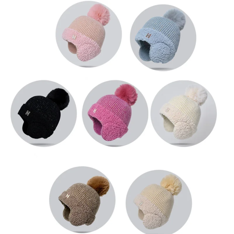 Custom Women Knitted Warm Winter Earflaps Beanie Cap Wool Fluffy Furry Beanies With Pompom Soft Skull Cap Knitted Beanie Earflap