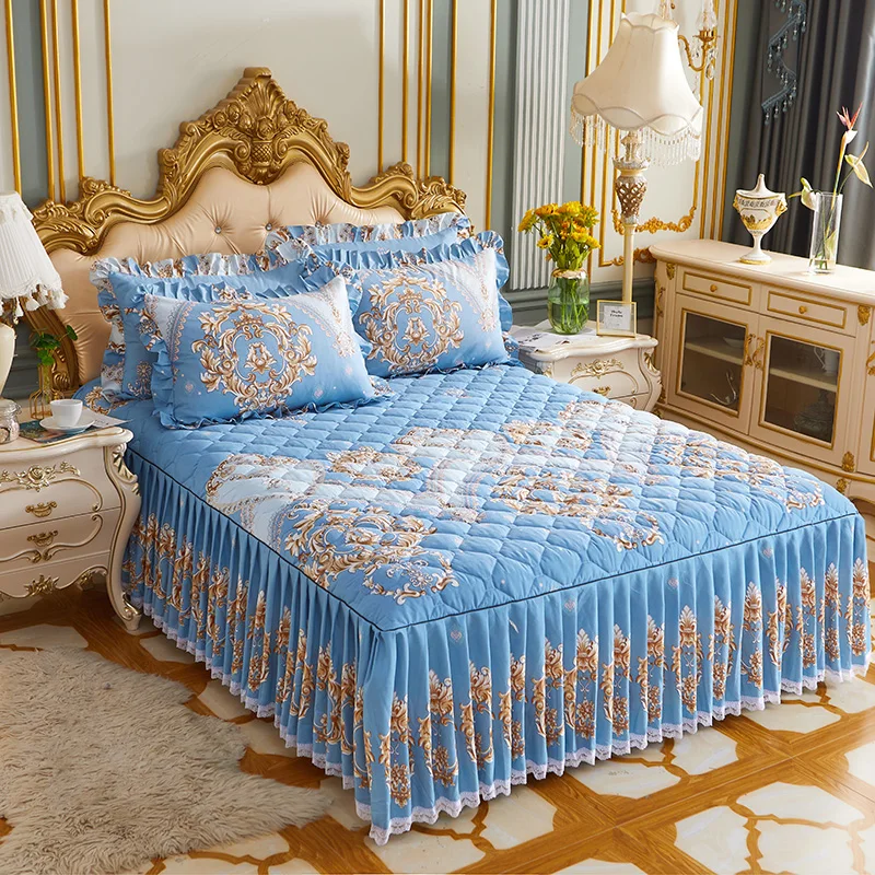 wholesale 3pcs Printed polyester cotton skirt quilted queen king size luxury Bedding Sets Bed sheet