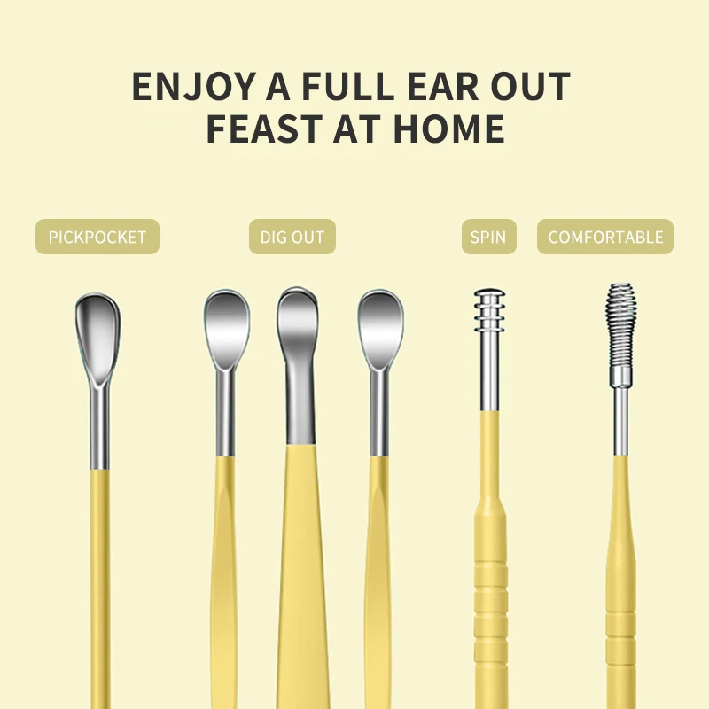 Manufacturer Portable Stainless Steel Earwax Removal Kit 6-piece Set Spring Ear Spoon Picking Cleaner Tool Ear Care Set