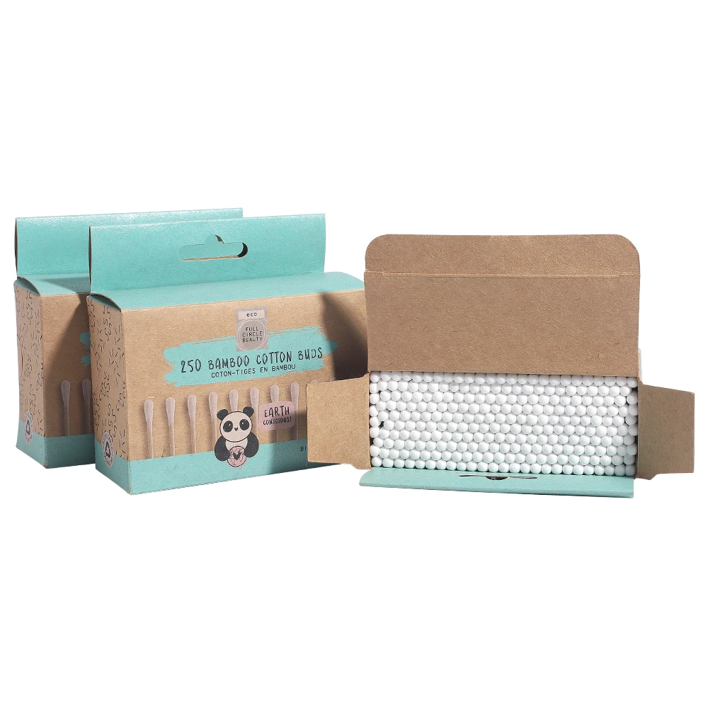 
250PCS 100% Disposable Ear Cleaning Bamboo Stick Cotton Swabs Eco Friendly Cotton Bud In Square Kraft Paper Box 
