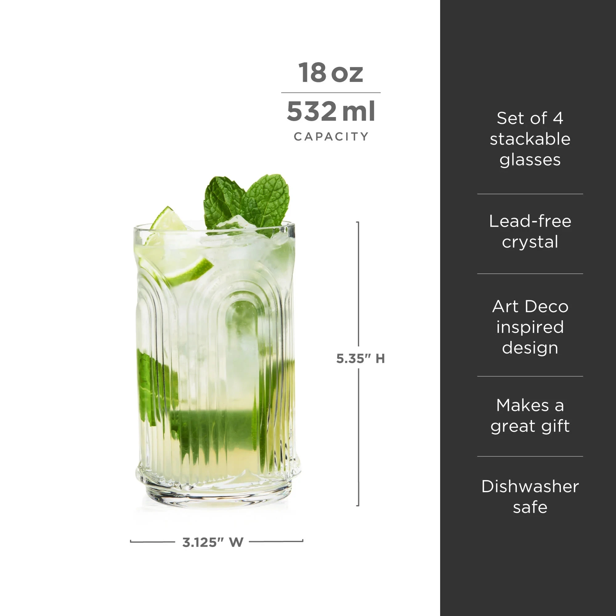 Factory Wholesale Old Fashioned Vintage 18 oz Arch U Shaped Lead-free crystal Highball Glasses Set