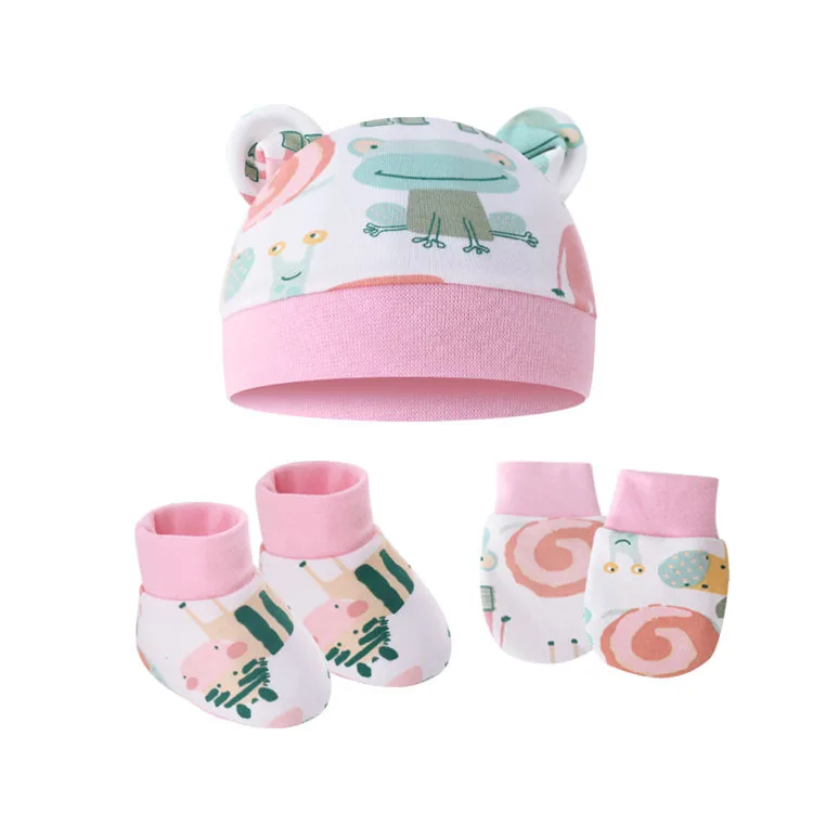 Baby Cotton Fetal Hat Scratchy Gloves And Foot Covers 3-Piece Set For Newborn Ear Hat 0-6 Months