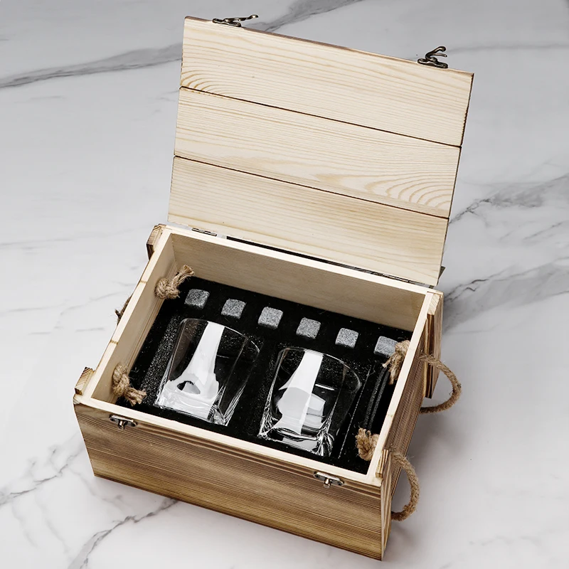 Custom Granite Whisky Rock Chilling Stones and 9oz Old Fashioned Whiskey Glass Set with Rustic Wooden Crate for Men Dad Gift