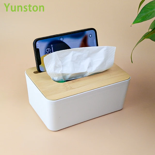 Plastic tissue box with phone holder Rectangular tissue box with wooden lid Plastic napkin boxes with custom patterns