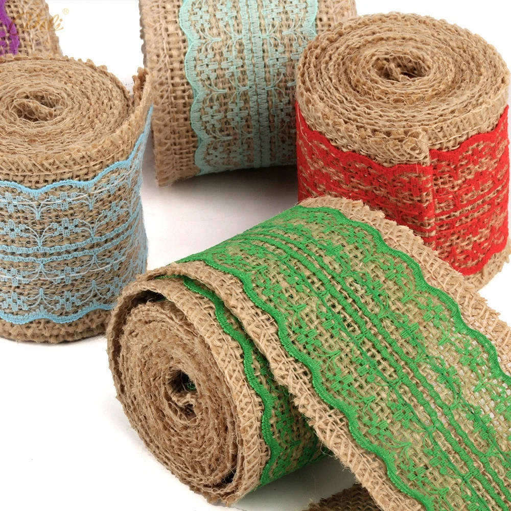 
2m/roll Colored Lace Burlap Roll 6cm Width Jute Ribbon Holiday Gift Wrap Home Decoration Wedding Party Decoration Supplies 