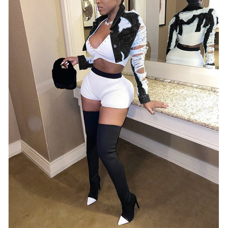 CA2366A womens fall clothing 2021 fashion cropped casual jacket for women mini distressed jeans coats streetwear